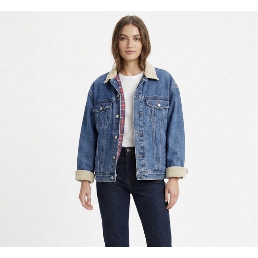 Vintage The Disney Store Womens Denim Jacket Sz XL Blue Flannel Lined Corduroy